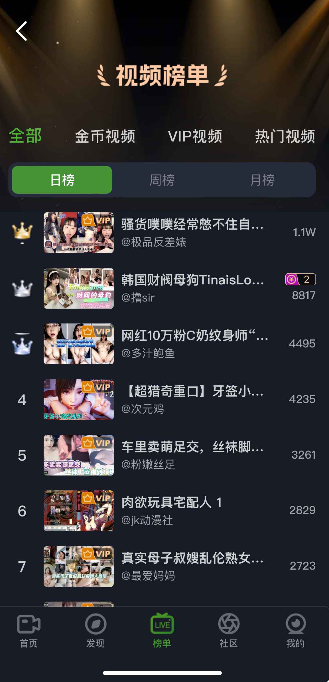 重口社APP全部视频榜单界面